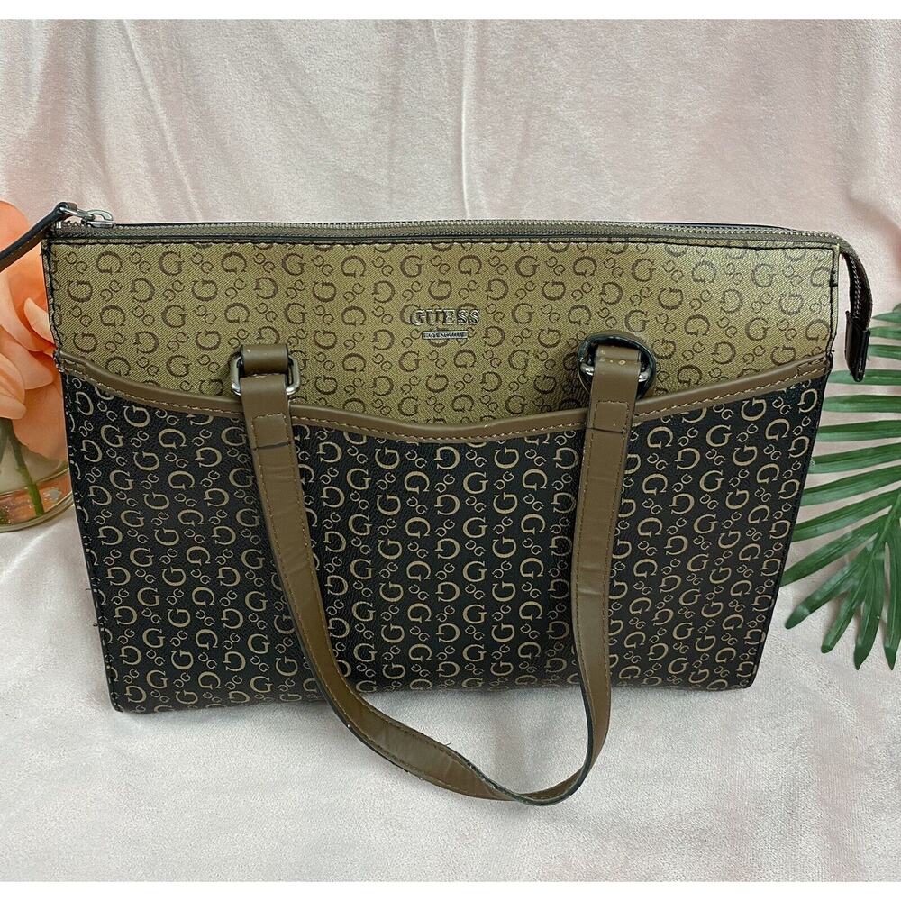 Guess Bascom Signature Coated Canvas Tote Bag Brown Caramel Purse Handbag 10X13